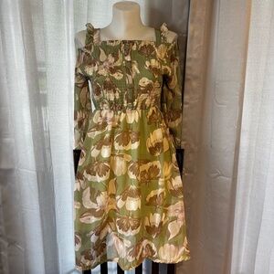 Green Brown Midi Sundress with Puff Sleeves